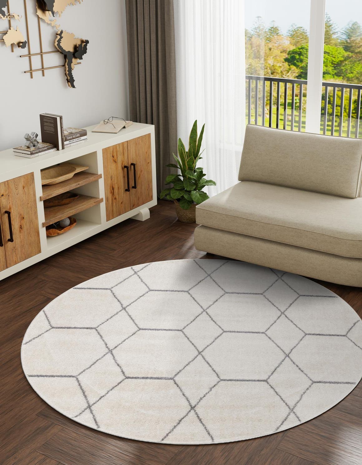 Ivory 10' x 10' Trellis Frieze Round Area Rug Geometric Modern Unique Stain Resistant Easy Clean Carpet for Living, Dining, Bedrooms, Office for Sale at Rug Engine