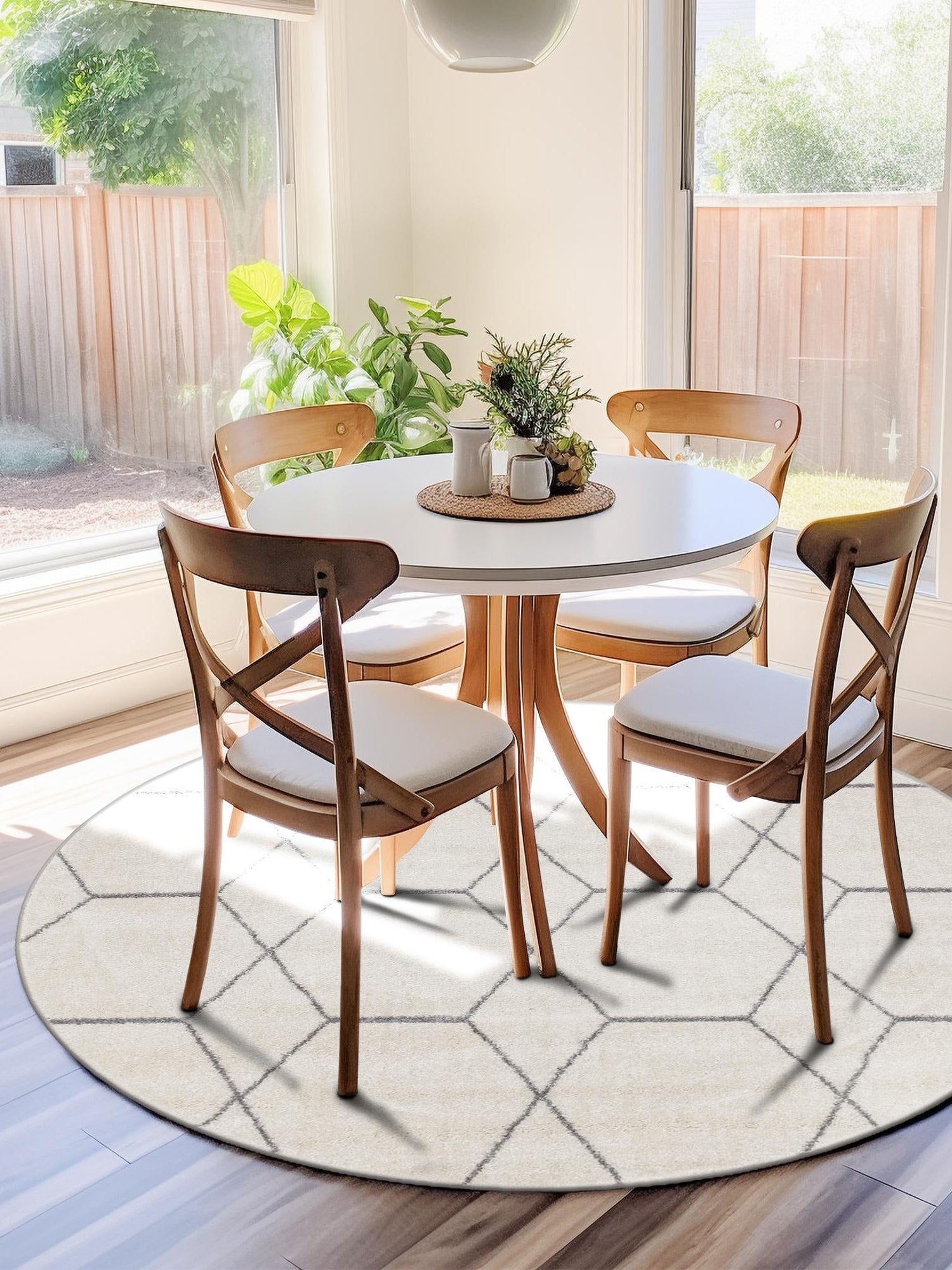 Ivory 3' 1 x 3' 1 Trellis Frieze Round Area Rug Geometric Modern Unique Stain Resistant Easy Clean Carpet for Living, Dining, Bedrooms, Office for Sale at Rug Engine