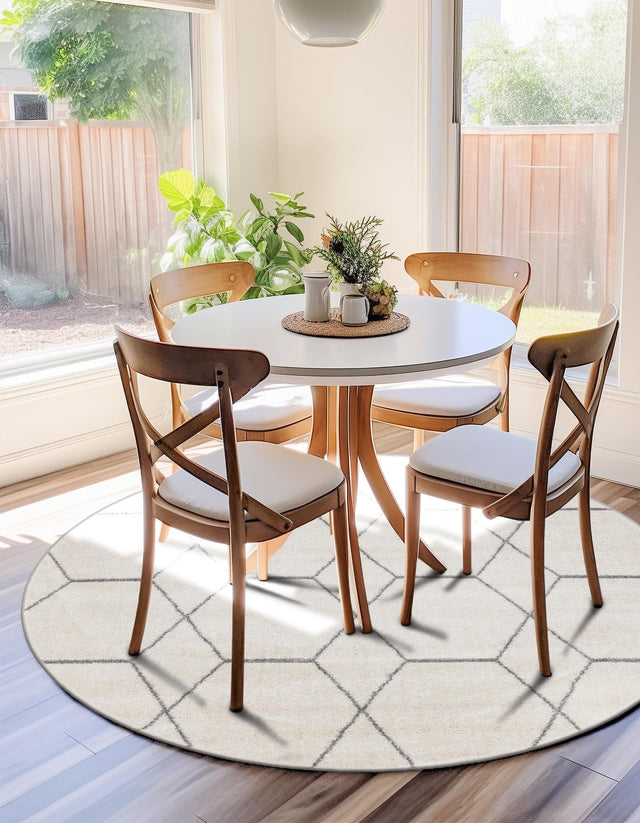 Ivory 3' 1 x 3' 1 Trellis Frieze Round Area Rug Geometric Modern Unique Stain Resistant Easy Clean Carpet for Living, Dining, Bedrooms, Office for Sale at Rug Engine