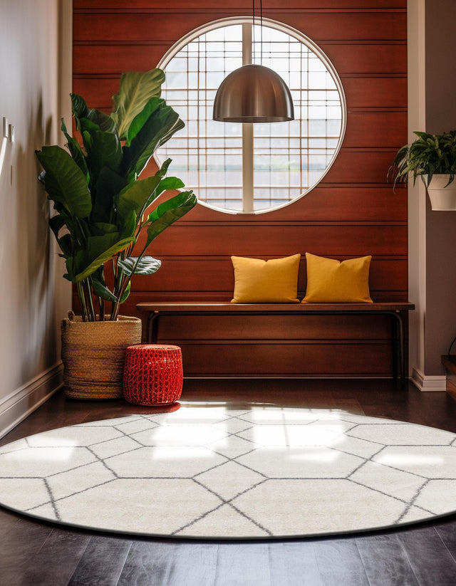 Ivory 7' 10 x 7' 10 Trellis Frieze Round Area Rug Geometric Modern Unique Stain Resistant Easy Clean Carpet for Living, Dining, Bedrooms, Office for Sale at Rug Engine