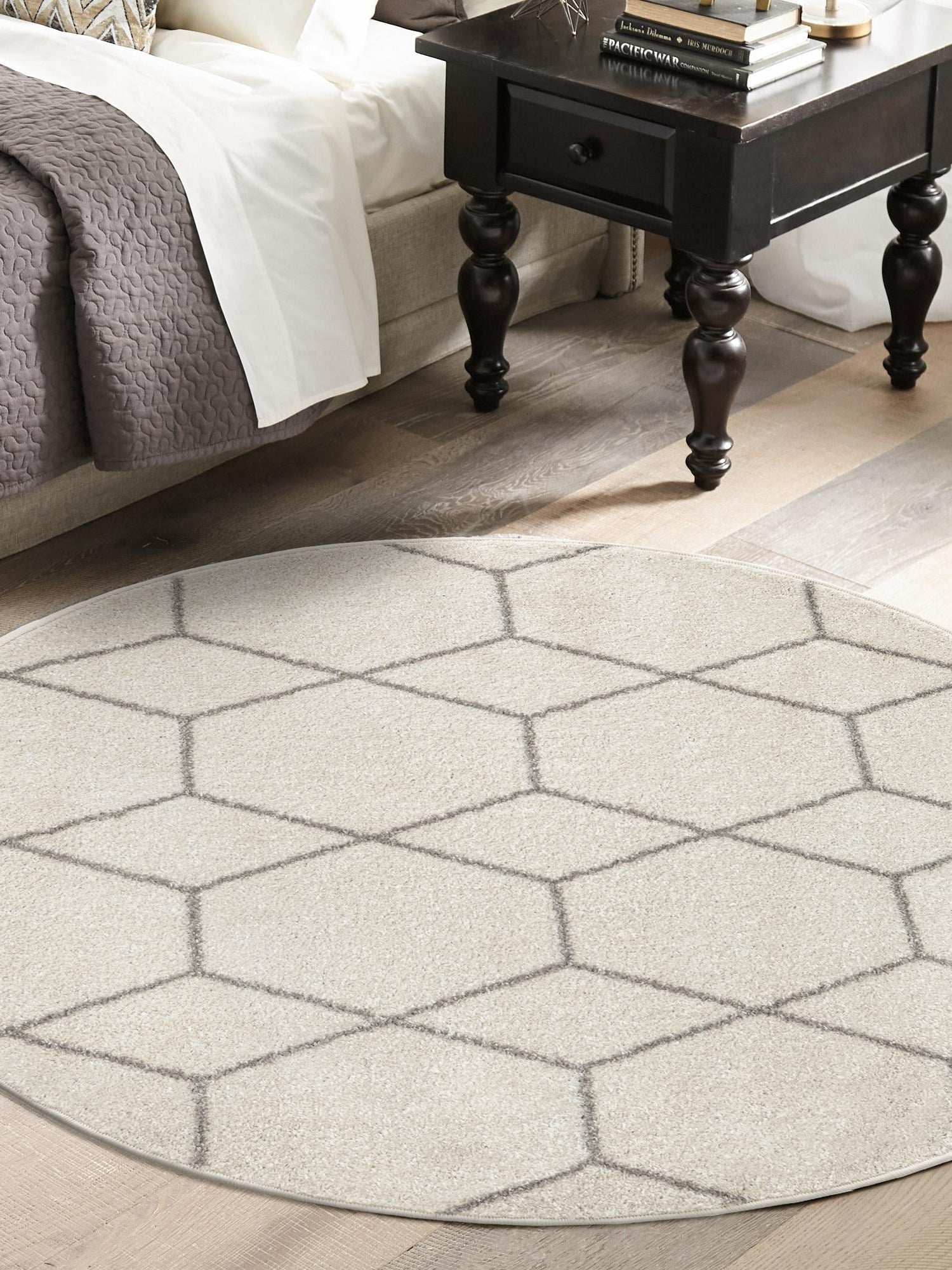 Ivory 7' 10 x 7' 10 Trellis Frieze Round Area Rug Geometric Modern Unique Stain Resistant Easy Clean Carpet for Living, Dining, Bedrooms, Office for Sale at Rug Engine