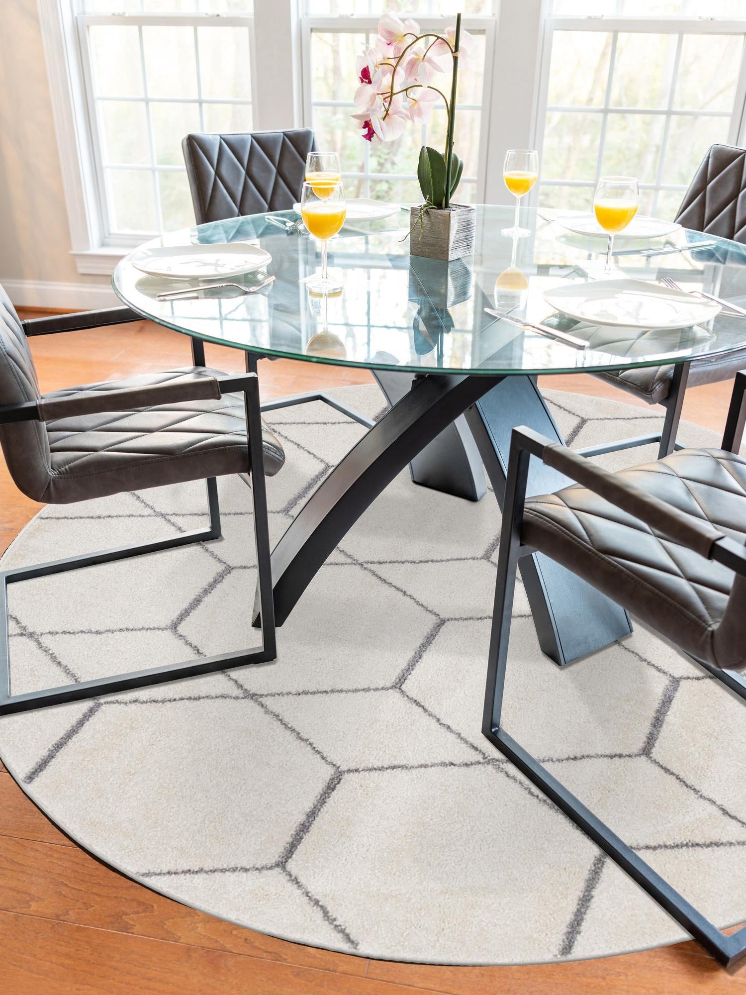 Ivory 3' 1 x 3' 1 Trellis Frieze Round Area Rug Geometric Modern Unique Stain Resistant Easy Clean Carpet for Living, Dining, Bedrooms, Office for Sale at Rug Engine
