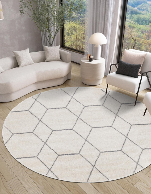 Ivory 10' x 10' Trellis Frieze Round Area Rug Geometric Modern Unique Stain Resistant Easy Clean Carpet for Living, Dining, Bedrooms, Office for Sale at Rug Engine
