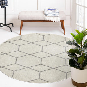 Ivory 4' 1 x 4' 1 Trellis Frieze Round Area Rug Geometric Modern Unique Stain Resistant Easy Clean Carpet for Living, Dining, Bedrooms, Office for Sale at Rug Engine