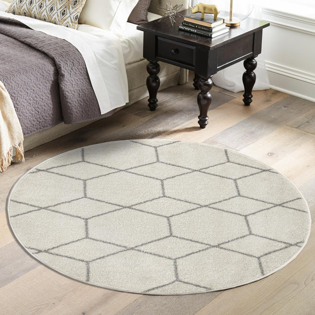 Ivory 4' 1 x 4' 1 Trellis Frieze Round Area Rug Geometric Modern Unique Stain Resistant Easy Clean Carpet for Living, Dining, Bedrooms, Office for Sale at Rug Engine