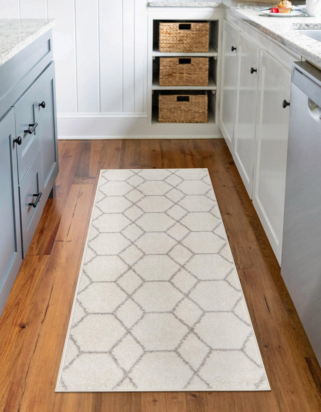 Ivory 2' x 10' Trellis Frieze Runner Area Rug Geometric Modern Unique Stain Resistant Easy Clean Carpet for Living, Dining, Bedrooms, Office for Sale at Rug Engine