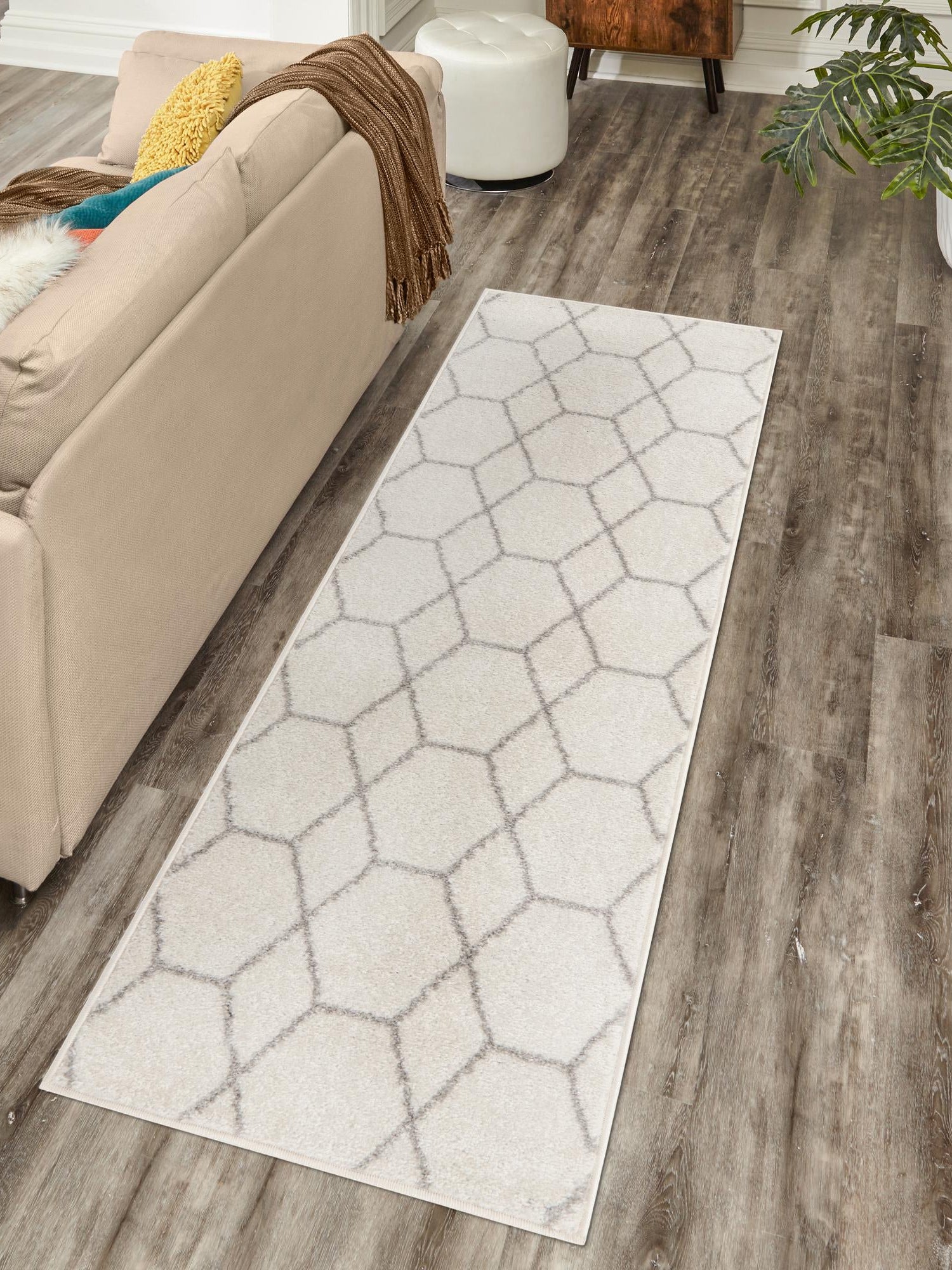 Ivory 2' x 10' Trellis Frieze Runner Area Rug Geometric Modern Unique Stain Resistant Easy Clean Carpet for Living, Dining, Bedrooms, Office for Sale at Rug Engine