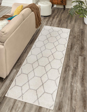 Ivory 2' x 10' Trellis Frieze Runner Area Rug Geometric Modern Unique Stain Resistant Easy Clean Carpet for Living, Dining, Bedrooms, Office for Sale at Rug Engine