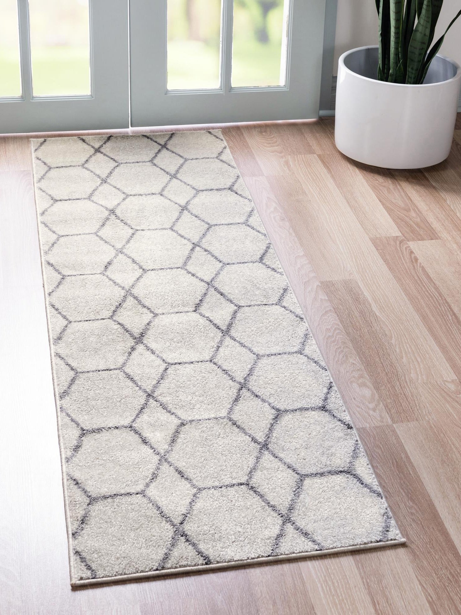 Ivory 2' x 9' Trellis Frieze Runner Area Rug Geometric Modern Unique Stain Resistant Easy Clean Carpet for Living, Dining, Bedrooms, Office for Sale at Rug Engine