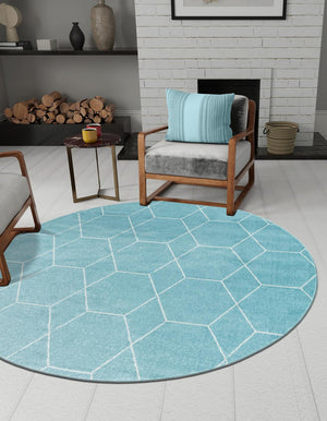 Light Blue 5' 3 x 5' 3 Trellis Frieze Round Area Rug Geometric Modern Unique Stain Resistant Easy Clean Carpet for Living, Dining, Bedrooms, Office for Sale at Rug Engine