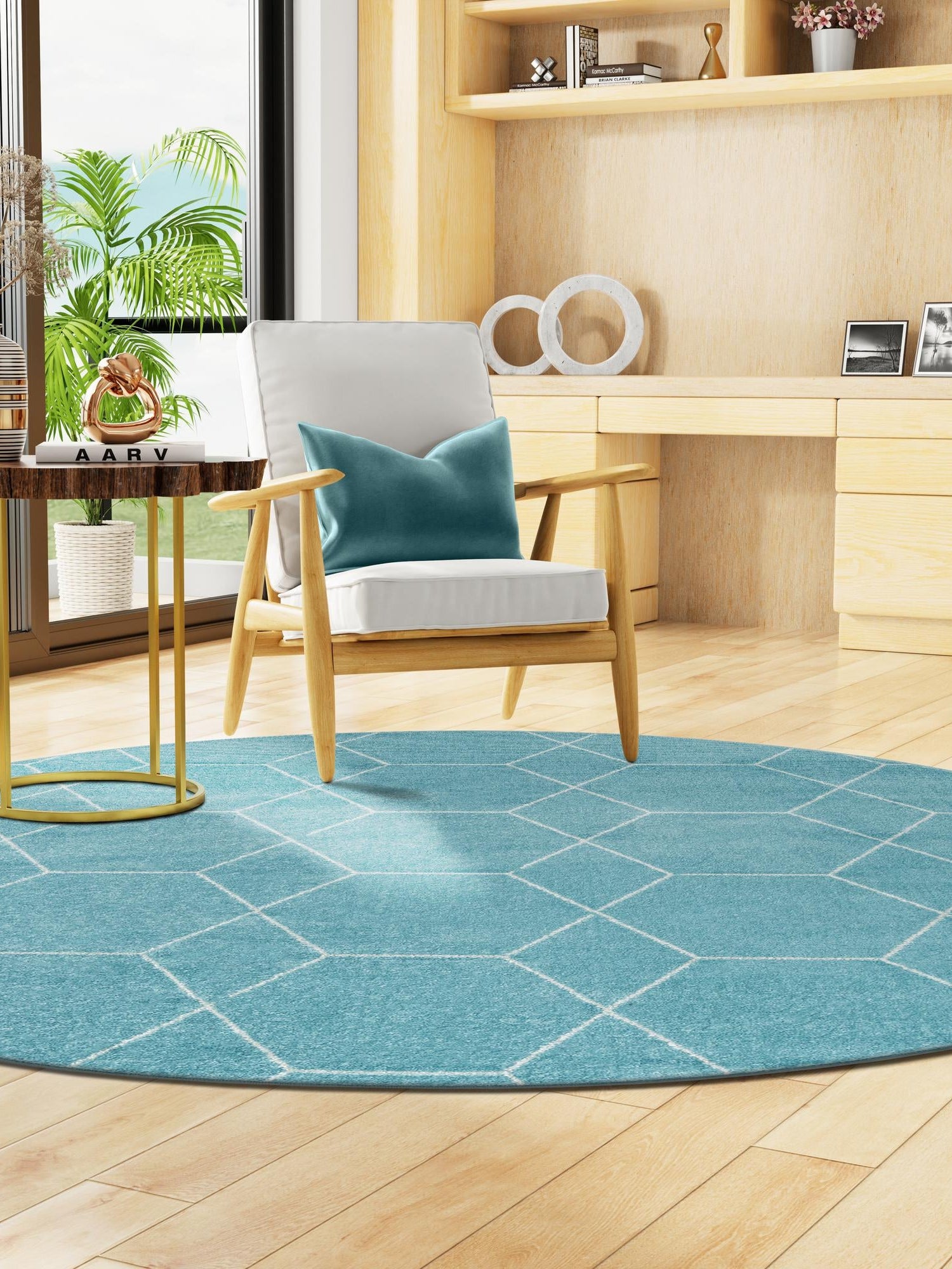 Light Blue 5' 3 x 5' 3 Trellis Frieze Round Area Rug Geometric Modern Unique Stain Resistant Easy Clean Carpet for Living, Dining, Bedrooms, Office for Sale at Rug Engine