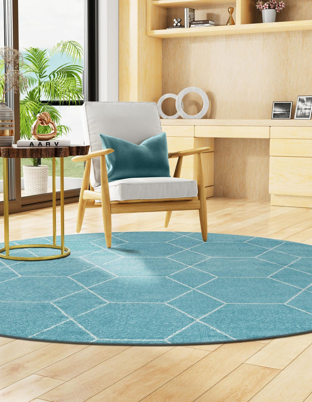 Light Blue 5' 3 x 5' 3 Trellis Frieze Round Area Rug Geometric Modern Unique Stain Resistant Easy Clean Carpet for Living, Dining, Bedrooms, Office for Sale at Rug Engine