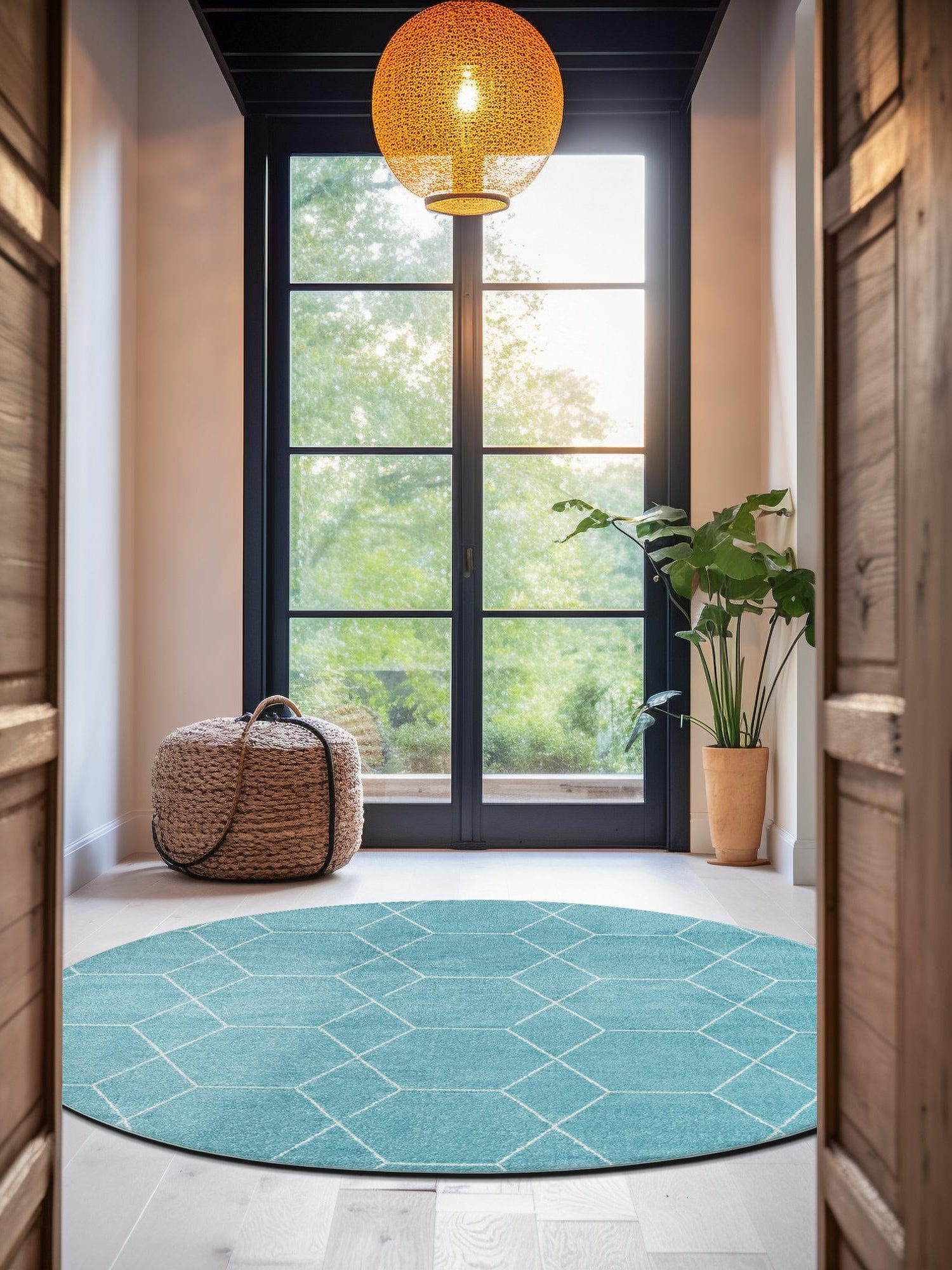 Light Blue 7' 10 x 7' 10 Trellis Frieze Round Area Rug Geometric Modern Unique Stain Resistant Easy Clean Carpet for Living, Dining, Bedrooms, Office for Sale at Rug Engine