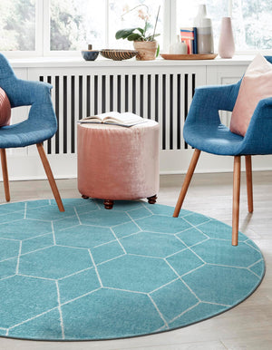 Light Blue 5' 3 x 5' 3 Trellis Frieze Round Area Rug Geometric Modern Unique Stain Resistant Easy Clean Carpet for Living, Dining, Bedrooms, Office for Sale at Rug Engine