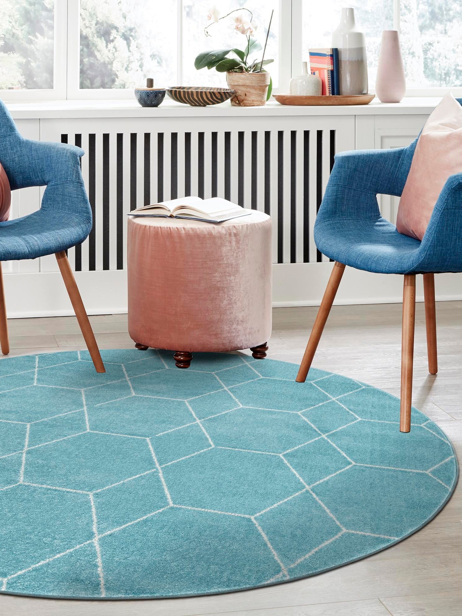 Light Blue 7' 10 x 7' 10 Trellis Frieze Round Area Rug Geometric Modern Unique Stain Resistant Easy Clean Carpet for Living, Dining, Bedrooms, Office for Sale at Rug Engine