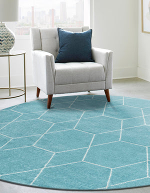 Light Blue 4' 1 x 4' 1 Trellis Frieze Round Area Rug Geometric Modern Unique Stain Resistant Easy Clean Carpet for Living, Dining, Bedrooms, Office for Sale at Rug Engine