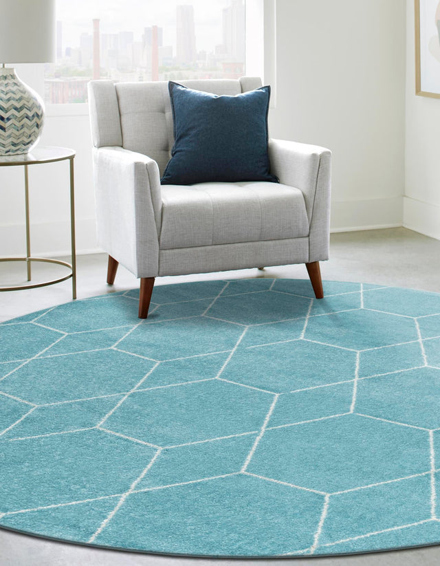 Light Blue 4' 1 x 4' 1 Trellis Frieze Round Area Rug Geometric Modern Unique Stain Resistant Easy Clean Carpet for Living, Dining, Bedrooms, Office for Sale at Rug Engine