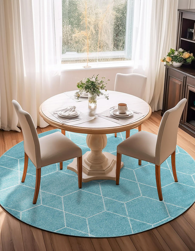 Light Blue 5' 3 x 5' 3 Trellis Frieze Round Area Rug Geometric Modern Unique Stain Resistant Easy Clean Carpet for Living, Dining, Bedrooms, Office for Sale at Rug Engine