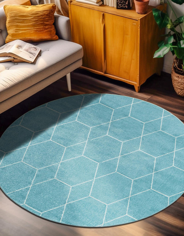 Light Blue 7' 10 x 7' 10 Trellis Frieze Round Area Rug Geometric Modern Unique Stain Resistant Easy Clean Carpet for Living, Dining, Bedrooms, Office for Sale at Rug Engine