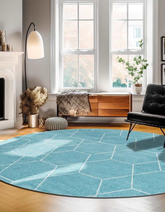 Light Blue 5' 3 x 5' 3 Trellis Frieze Round Area Rug Geometric Modern Unique Stain Resistant Easy Clean Carpet for Living, Dining, Bedrooms, Office for Sale at Rug Engine
