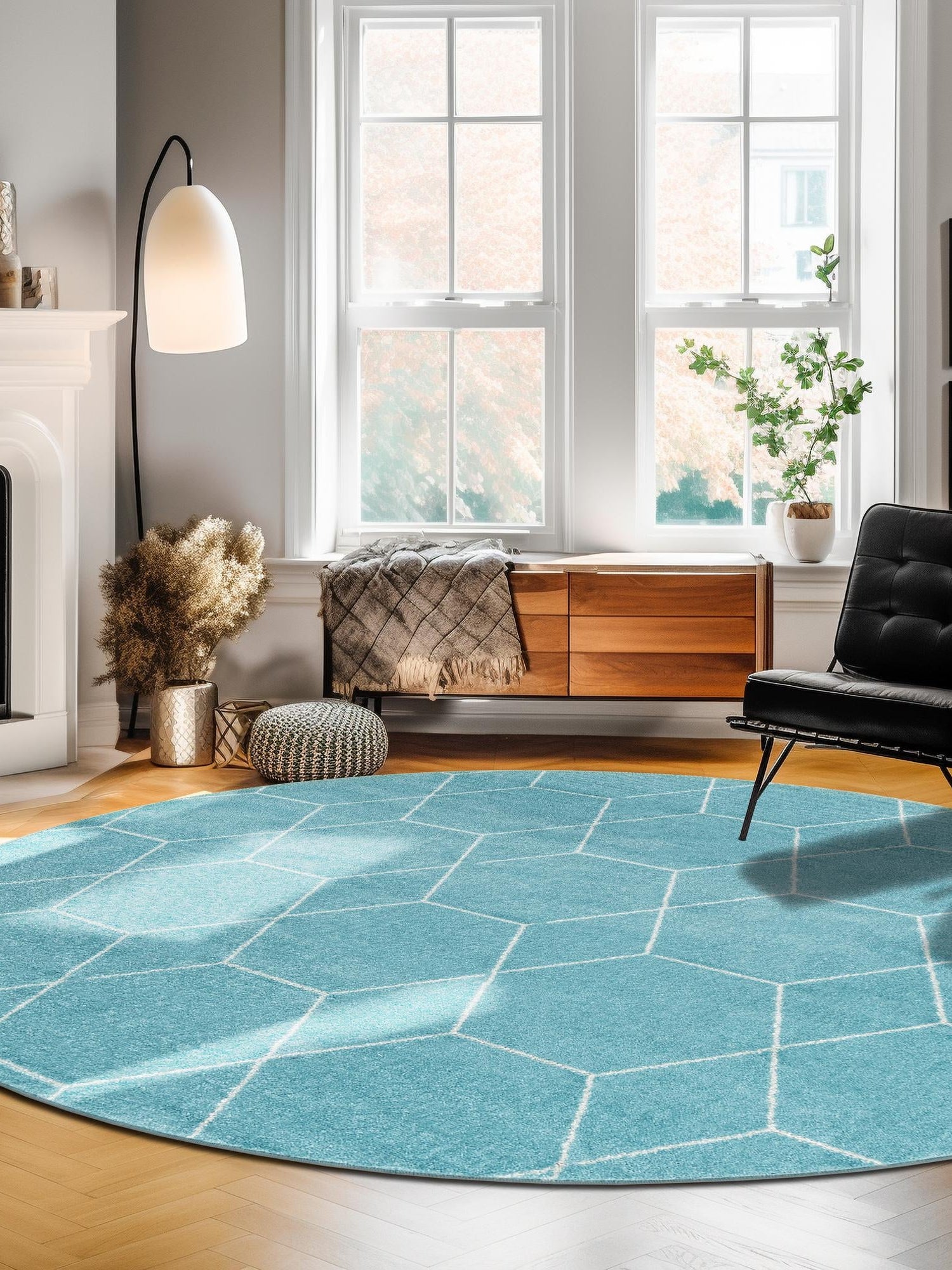 Light Blue 7' 10 x 7' 10 Trellis Frieze Round Area Rug Geometric Modern Unique Stain Resistant Easy Clean Carpet for Living, Dining, Bedrooms, Office for Sale at Rug Engine
