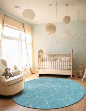 Light Blue 5' 3 x 5' 3 Trellis Frieze Round Area Rug Geometric Modern Unique Stain Resistant Easy Clean Carpet for Living, Dining, Bedrooms, Office for Sale at Rug Engine