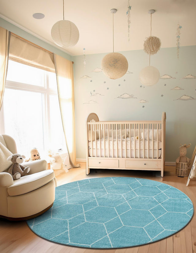 Light Blue 7' 10 x 7' 10 Trellis Frieze Round Area Rug Geometric Modern Unique Stain Resistant Easy Clean Carpet for Living, Dining, Bedrooms, Office for Sale at Rug Engine
