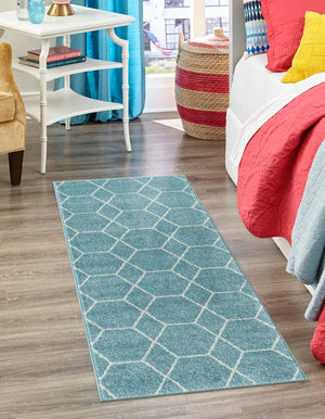 Light Blue 2' x 13' 1 Trellis Frieze Runner Area Rug Geometric Modern Unique Stain Resistant Easy Clean Carpet for Living, Dining, Bedrooms, Office for Sale at Rug Engine