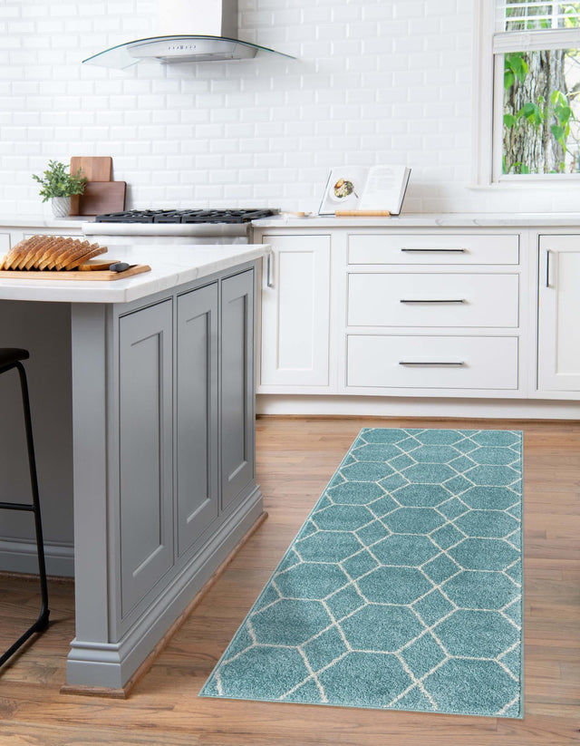 Light Blue 2' x 9' Trellis Frieze Runner Area Rug Geometric Modern Unique Stain Resistant Easy Clean Carpet for Living, Dining, Bedrooms, Office for Sale at Rug Engine