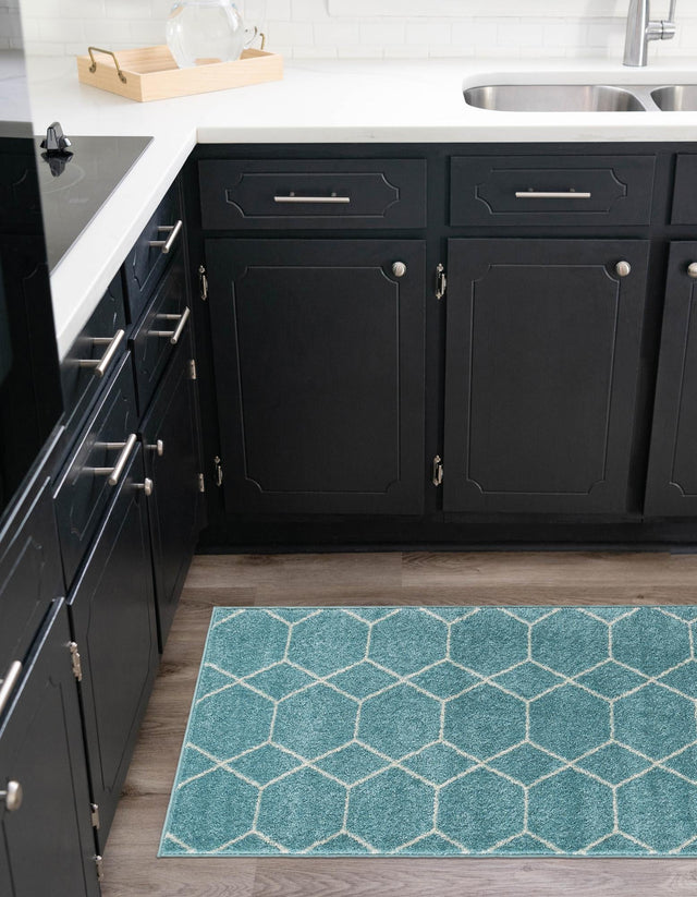 Light Blue 2' x 13' 1 Trellis Frieze Runner Area Rug Geometric Modern Unique Stain Resistant Easy Clean Carpet for Living, Dining, Bedrooms, Office for Sale at Rug Engine