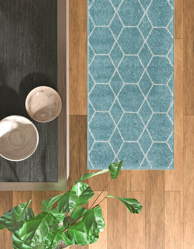 Light Blue 2' x 6' 1 Trellis Frieze Runner Area Rug Geometric Modern Unique Stain Resistant Easy Clean Carpet for Living, Dining, Bedrooms, Office for Sale at Rug Engine