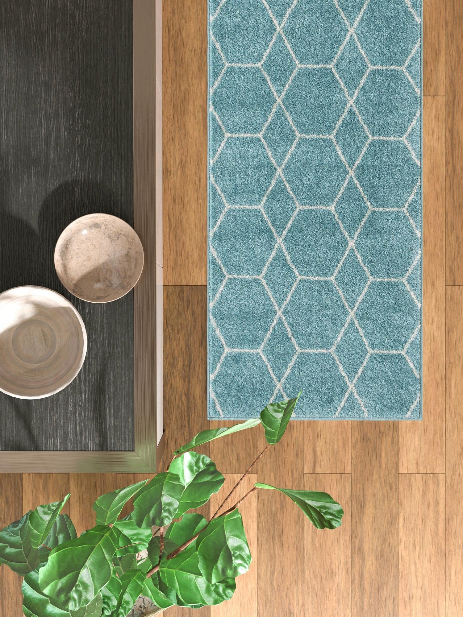 Light Blue 2' x 13' 1 Trellis Frieze Runner Area Rug Geometric Modern Unique Stain Resistant Easy Clean Carpet for Living, Dining, Bedrooms, Office for Sale at Rug Engine