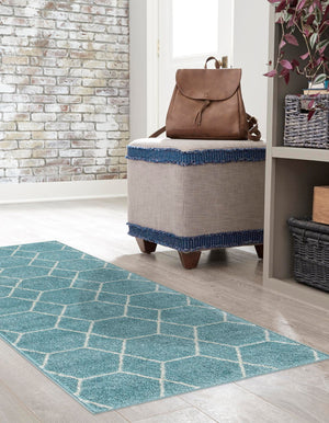 Light Blue 2' x 13' 1 Trellis Frieze Runner Area Rug Geometric Modern Unique Stain Resistant Easy Clean Carpet for Living, Dining, Bedrooms, Office for Sale at Rug Engine