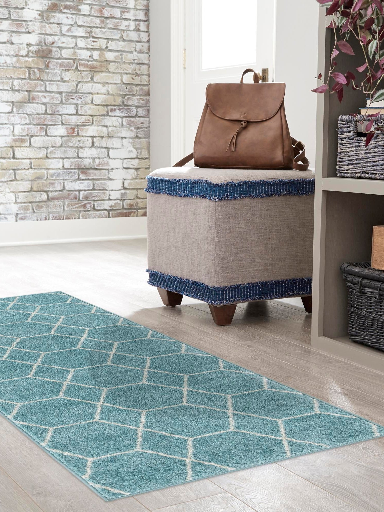 Light Blue 2' x 9' Trellis Frieze Runner Area Rug Geometric Modern Unique Stain Resistant Easy Clean Carpet for Living, Dining, Bedrooms, Office for Sale at Rug Engine