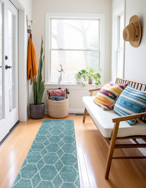 Light Blue 2' x 13' 1 Trellis Frieze Runner Area Rug Geometric Modern Unique Stain Resistant Easy Clean Carpet for Living, Dining, Bedrooms, Office for Sale at Rug Engine