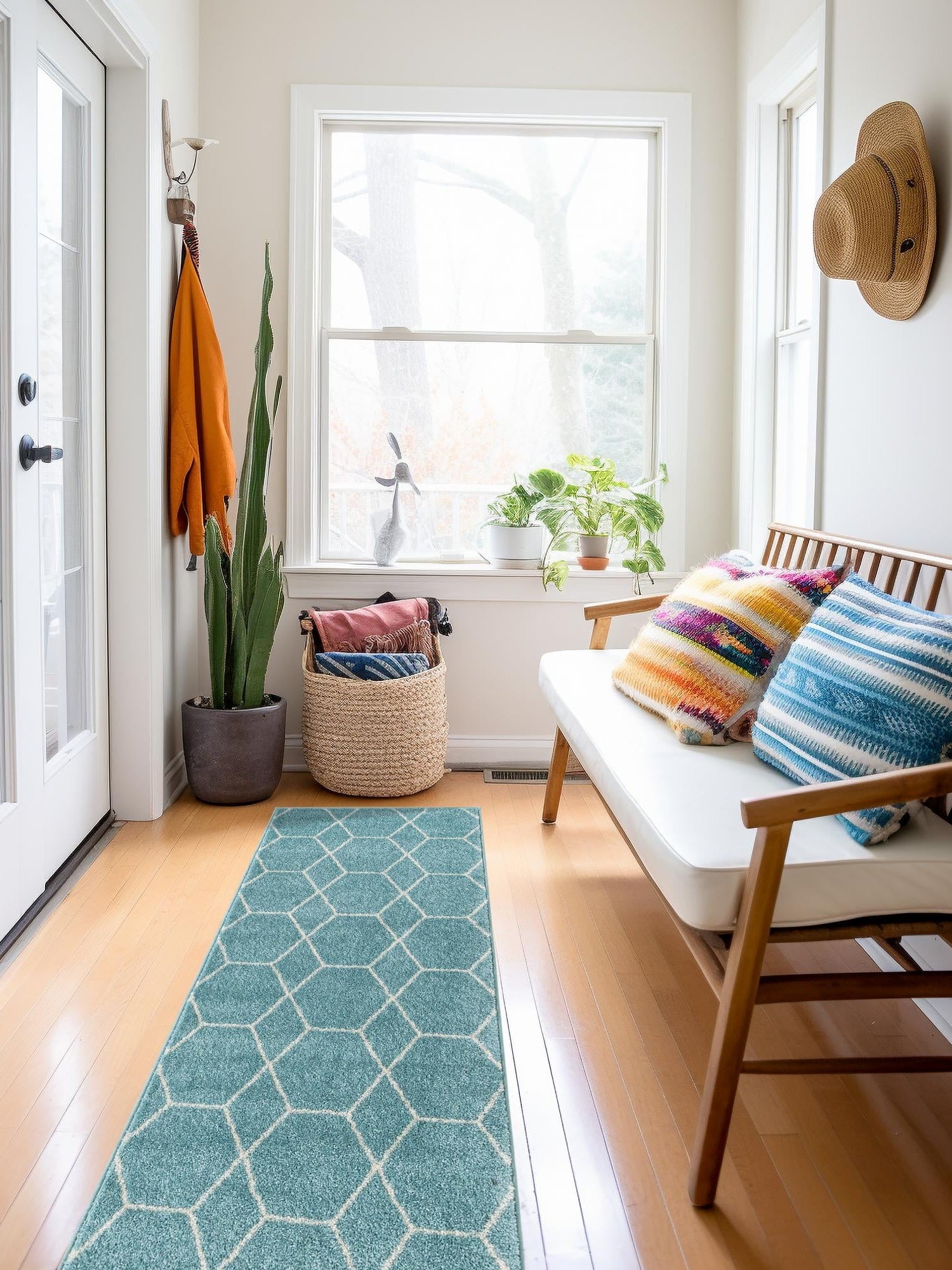 Light Blue 2' x 9' Trellis Frieze Runner Area Rug Geometric Modern Unique Stain Resistant Easy Clean Carpet for Living, Dining, Bedrooms, Office for Sale at Rug Engine