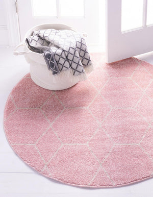 Light Pink 5' 3 x 5' 3 Trellis Frieze Round Area Rug Geometric Modern Unique Stain Resistant Easy Clean Carpet for Living, Dining, Bedrooms, Office for Sale at Rug Engine