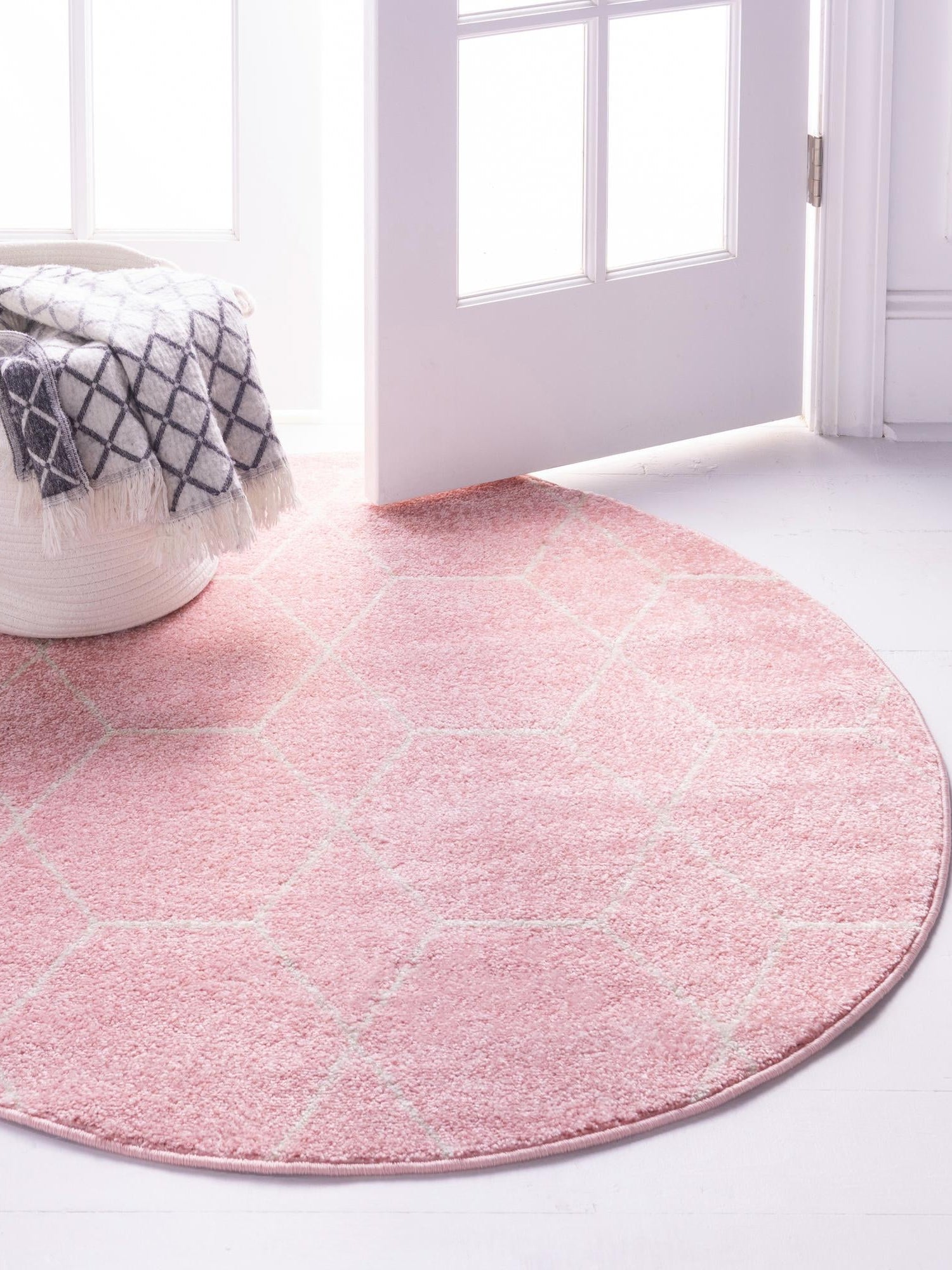 Light Pink 5' 3 x 5' 3 Trellis Frieze Round Area Rug Geometric Modern Unique Stain Resistant Easy Clean Carpet for Living, Dining, Bedrooms, Office for Sale at Rug Engine