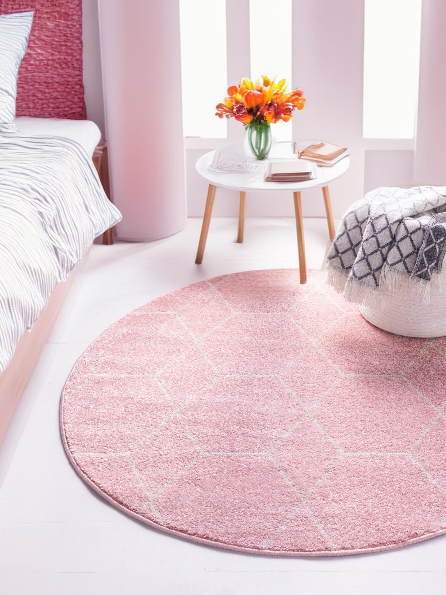 Light Pink 7' 10 x 7' 10 Trellis Frieze Round Area Rug Geometric Modern Unique Stain Resistant Easy Clean Carpet for Living, Dining, Bedrooms, Office for Sale at Rug Engine