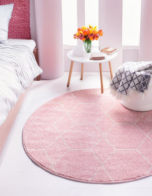 Light Pink 7' 1 x 7' 1 Trellis Frieze Round Area Rug Geometric Modern Unique Stain Resistant Easy Clean Carpet for Living, Dining, Bedrooms, Office for Sale at Rug Engine