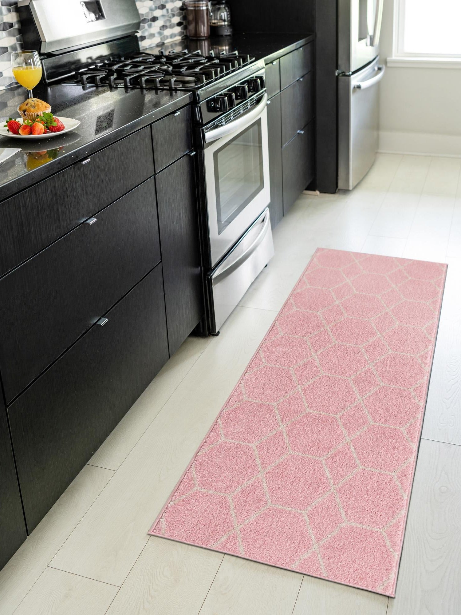 Light Pink 2' x 6' 1 Trellis Frieze Runner Area Rug Geometric Modern Unique Stain Resistant Easy Clean Carpet for Living, Dining, Bedrooms, Office for Sale at Rug Engine