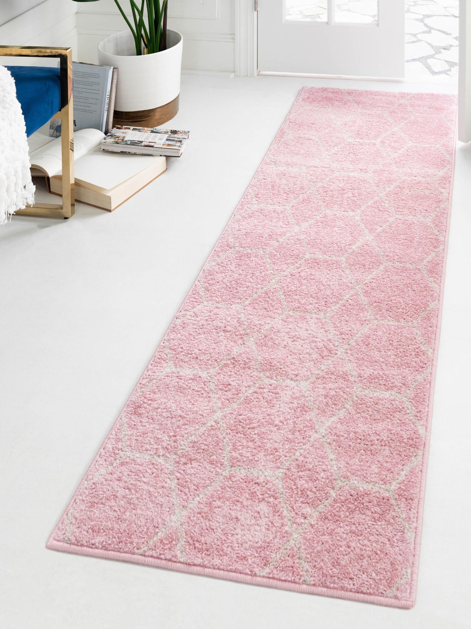 Light Pink 2' x 6' 1 Trellis Frieze Runner Area Rug Geometric Modern Unique Stain Resistant Easy Clean Carpet for Living, Dining, Bedrooms, Office for Sale at Rug Engine