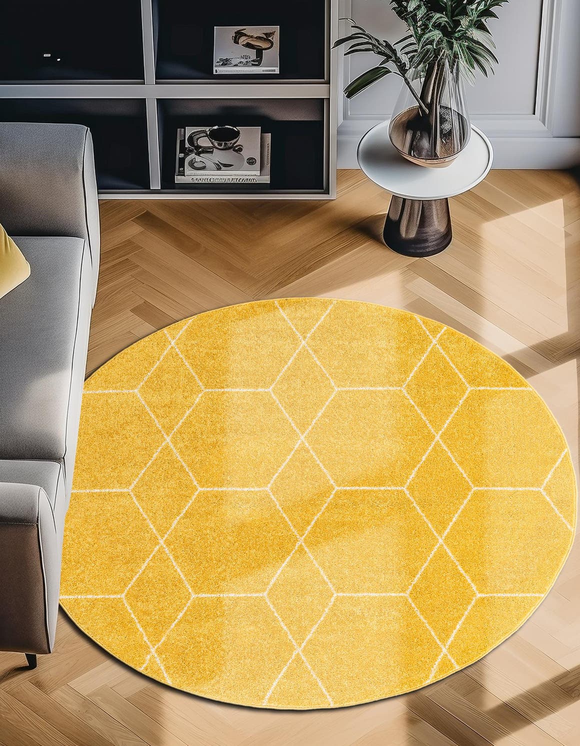 Yellow 3' 1 x 3' 1 Trellis Frieze Round Area Rug Geometric Modern Unique Stain Resistant Easy Clean Carpet for Living, Dining, Bedrooms, Office for Sale at Rug Engine