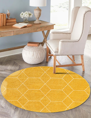 Yellow 3' 1 x 3' 1 Trellis Frieze Round Area Rug Geometric Modern Unique Stain Resistant Easy Clean Carpet for Living, Dining, Bedrooms, Office for Sale at Rug Engine