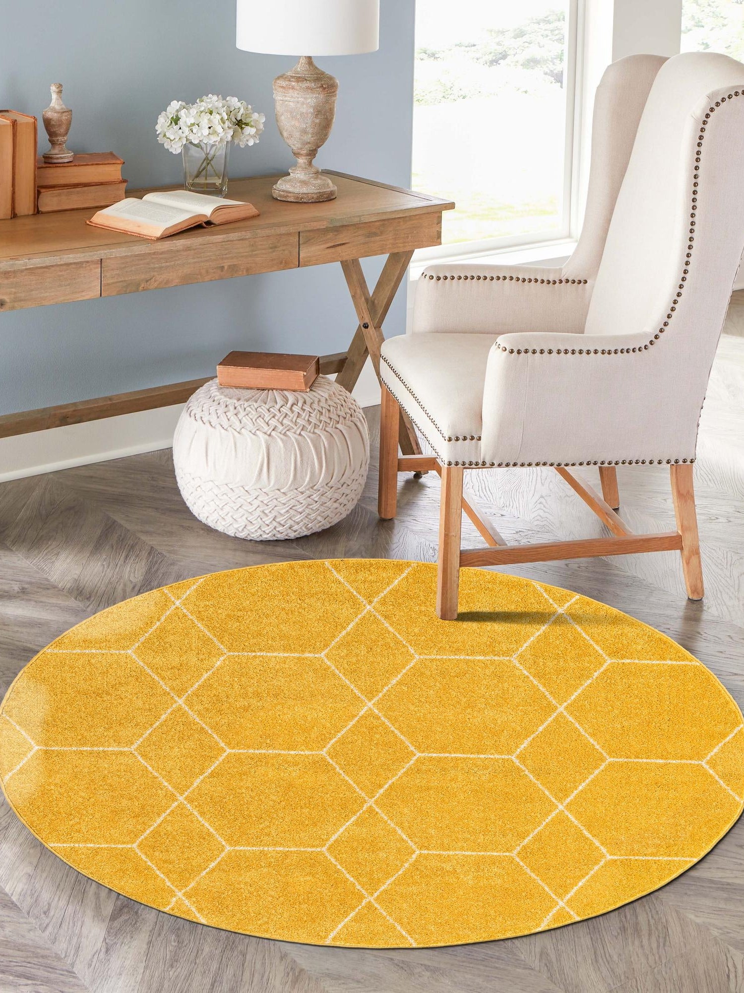 Yellow 4' 1 x 4' 1 Trellis Frieze Round Area Rug Geometric Modern Unique Stain Resistant Easy Clean Carpet for Living, Dining, Bedrooms, Office for Sale at Rug Engine