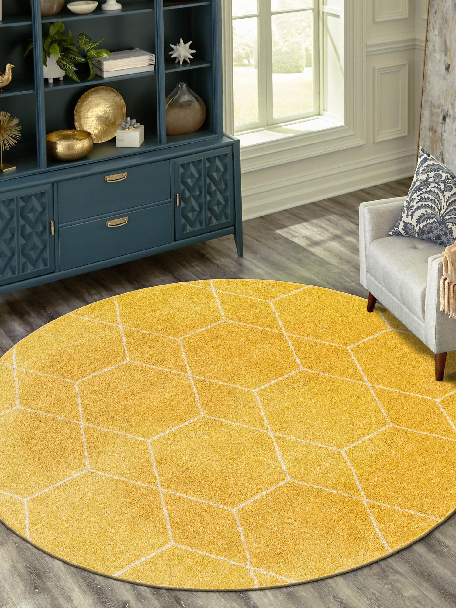 Yellow 4' 1 x 4' 1 Trellis Frieze Round Area Rug Geometric Modern Unique Stain Resistant Easy Clean Carpet for Living, Dining, Bedrooms, Office for Sale at Rug Engine