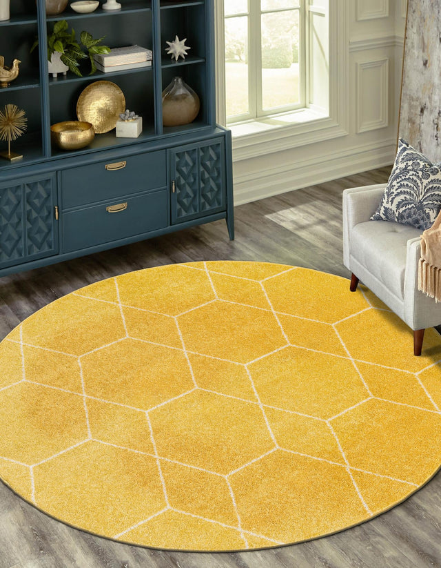 Yellow 4' 1 x 4' 1 Trellis Frieze Round Area Rug Geometric Modern Unique Stain Resistant Easy Clean Carpet for Living, Dining, Bedrooms, Office for Sale at Rug Engine