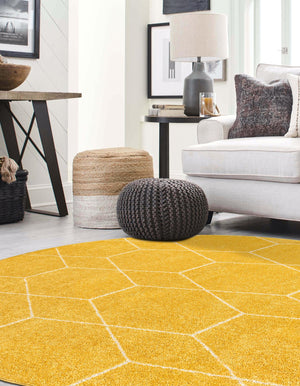 Yellow 3' 1 x 3' 1 Trellis Frieze Round Area Rug Geometric Modern Unique Stain Resistant Easy Clean Carpet for Living, Dining, Bedrooms, Office for Sale at Rug Engine