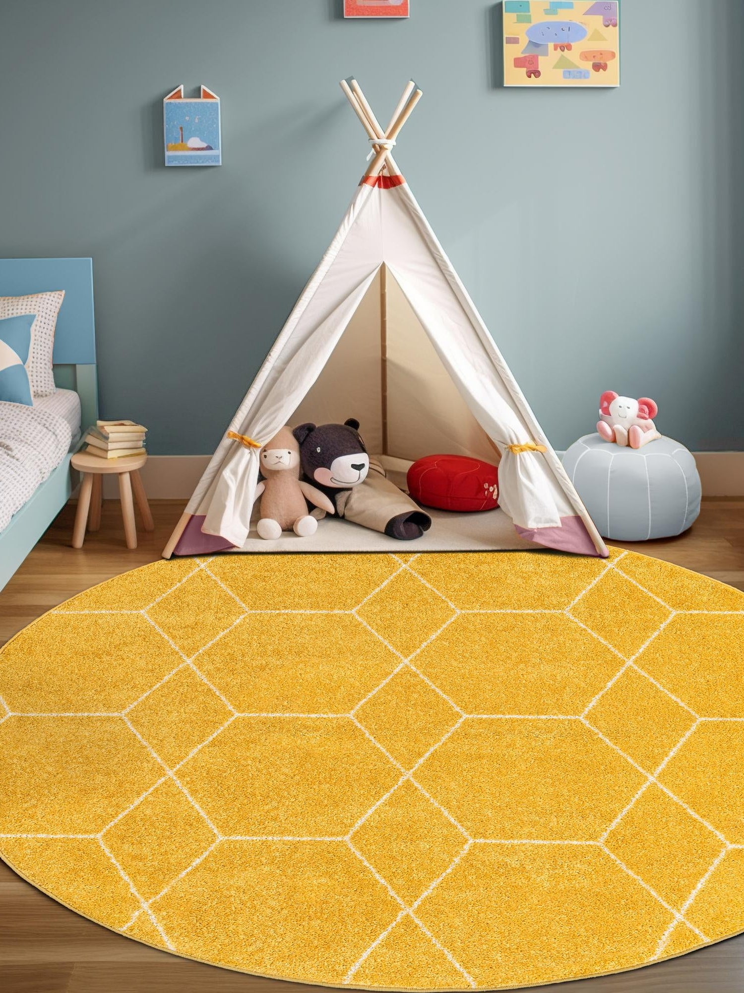 Yellow 4' 1 x 4' 1 Trellis Frieze Round Area Rug Geometric Modern Unique Stain Resistant Easy Clean Carpet for Living, Dining, Bedrooms, Office for Sale at Rug Engine
