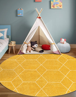 Yellow 4' 1 x 4' 1 Trellis Frieze Round Area Rug Geometric Modern Unique Stain Resistant Easy Clean Carpet for Living, Dining, Bedrooms, Office for Sale at Rug Engine